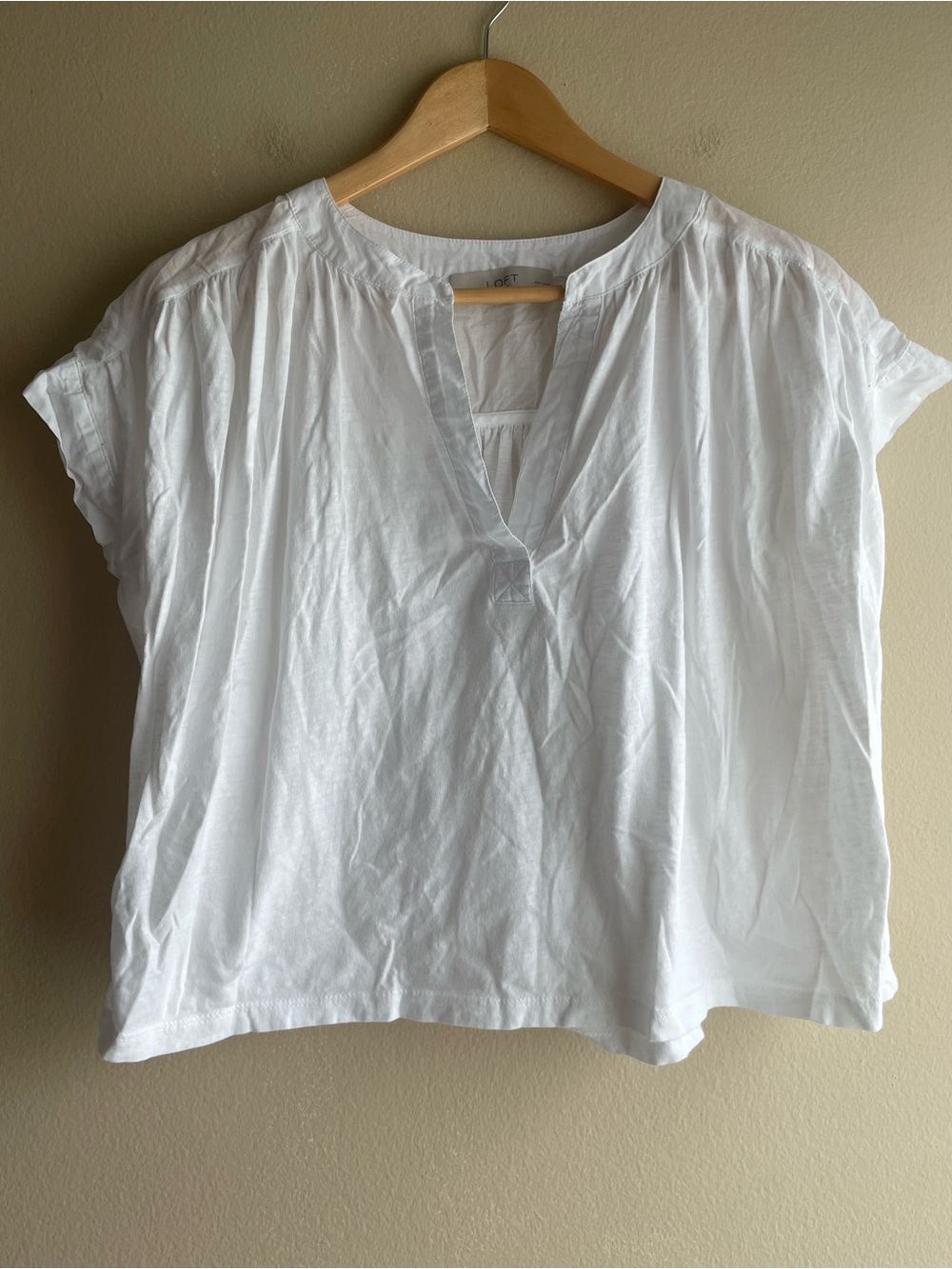 LOFT White Short Sleeve Split-Neck Peasant Cotton Top Size SP